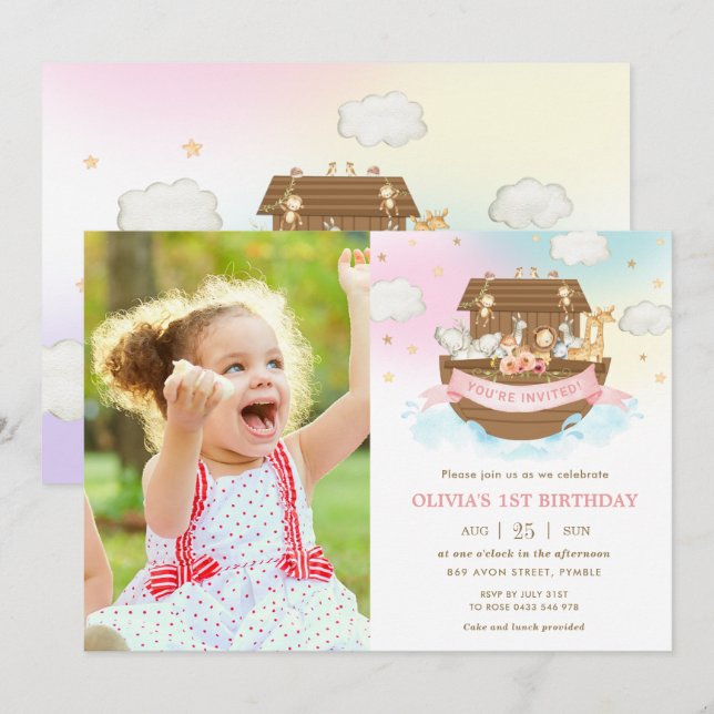 Chic Noahs Ark Cute Animals Girl Birthday Photo Inbjudningar (Fram/baksida)