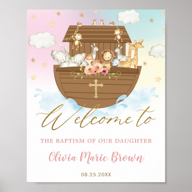 Chic Noahs Ark Girl Baptism Christening Välkommen Poster (Framsidan)
