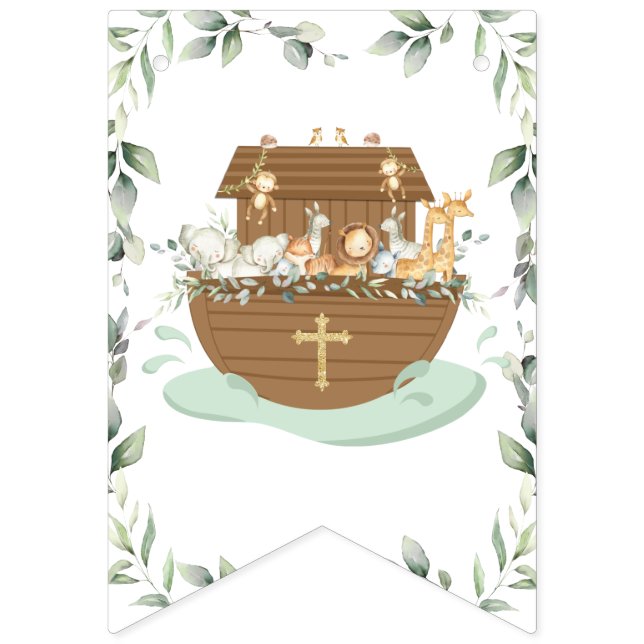 Chic Noahs Ark Greenery Baptism Christening Vimplar (Första flaggan)