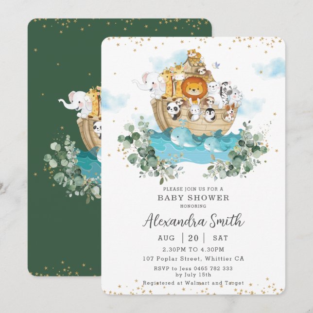 Chic Noahs Ark Greenery Cute Animals Baby Shower Inbjudningar (Fram/baksida)