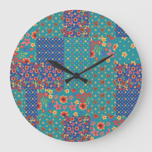 Chic Nostalgic Faux Patchwork Round Wall Clock Stor Klocka (Framsida)