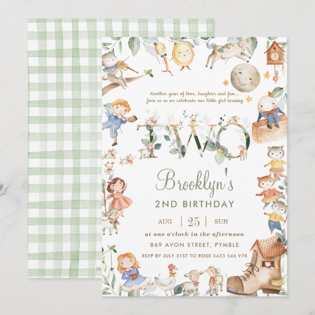 Chic Nursery Rhyme Greenery 2:a födelsedag Neutral Inbjudningar (Fram/baksida)