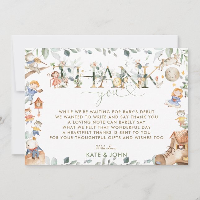 Chic Nursery Rhyme Greenery Baby Shower Boy Girl Tack Kort (Framsida)