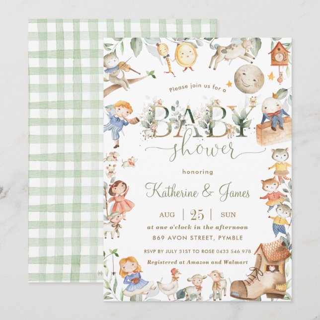Chic Nursery Rhyme Greenery Baby Shower Neutralt Inbjudningar (Fram/baksida)