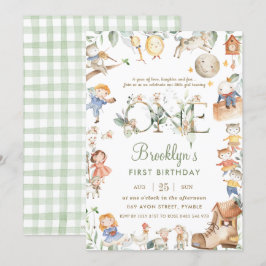 Chic Nursery Rhyme Greenery Neutralt 1:a födelseda Inbjudningar