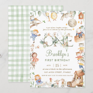 Chic Nursery Rhyme Greenery Neutralt 1:a födelseda Inbjudningar