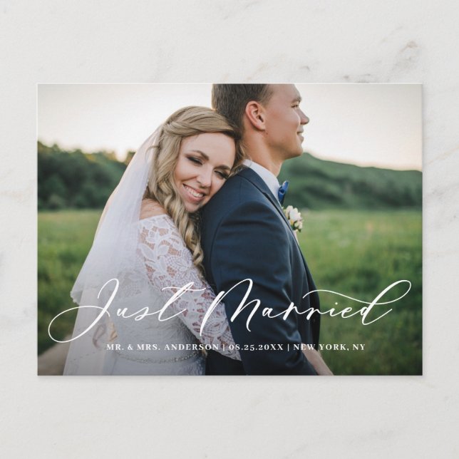 Chic Ny gifta Calligraphy Overlay Photo Meddelande Vykort (Framsida)