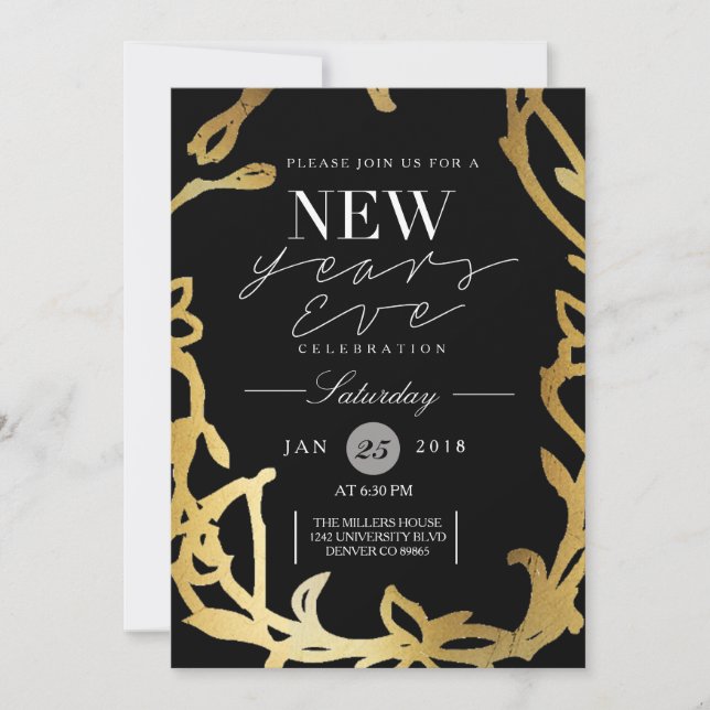 Chic Nyårsafton Party | GULD BLOMMIGT Inbjudningar (Framsida)
