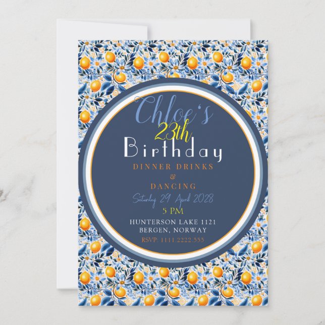 Chic och detaljerad marin blått och citrusfruktdag inbjudningar (Framsida)