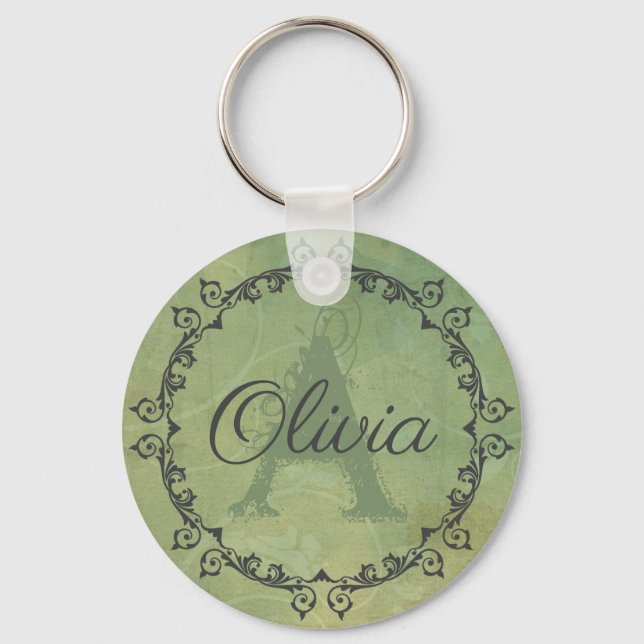 Chic Oliv grönt Monogram-Personlig Nyckelring (Framsida)
