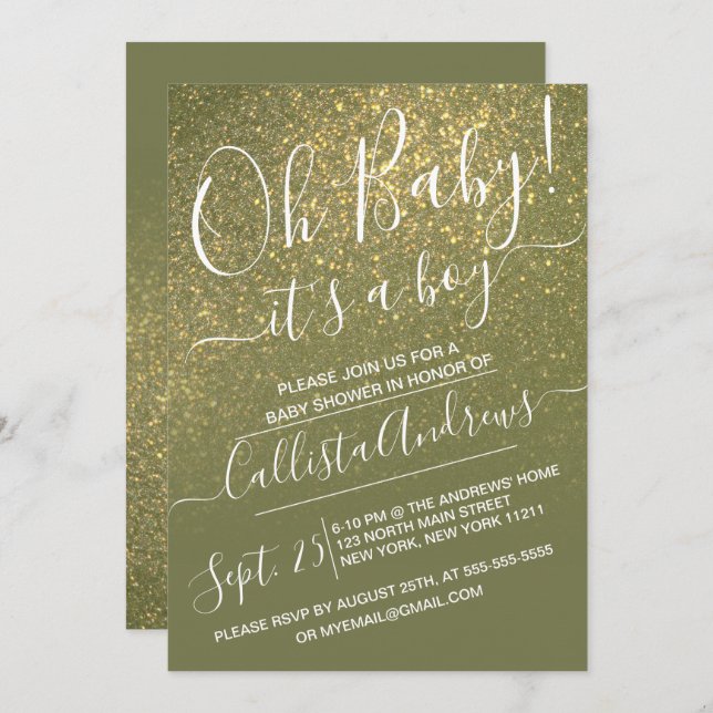 Chic Oliv grönt Sparkly Glitter Ombre Baby Shower Inbjudningar (Fram/baksida)