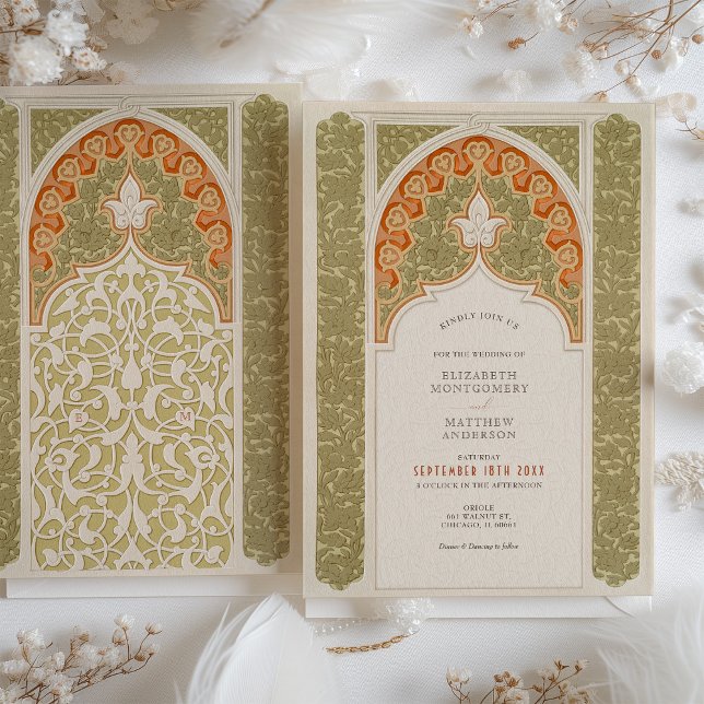 Chic Olive & Coral Art nouveau Snöre Bröllop Inbjudningar (Skapare uppladdad)
