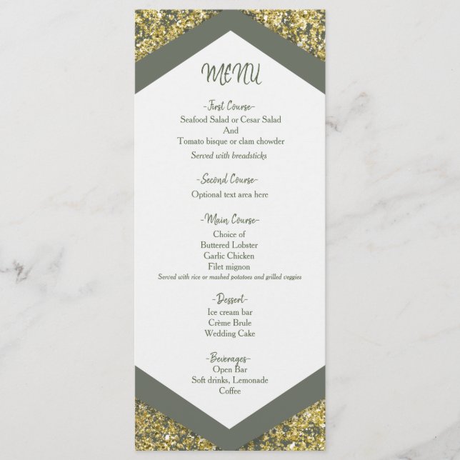Chic Olive & Guld Glitter Flakes Glam Bröllop Menu Meny (Framsida)