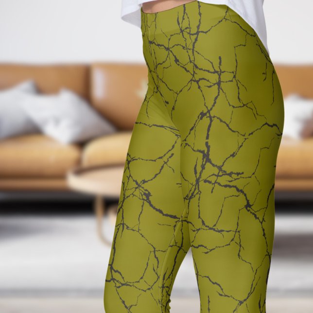 Chic Olive och Black Fracture Mönster Leggings (Chic Olive and Black Fracture Pattern Leggings)