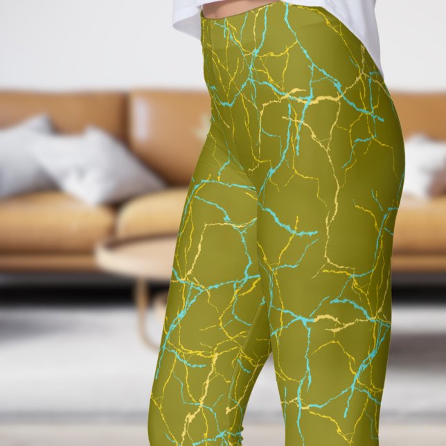 Chic Olive och Blue Gult Fracture Mönster Leggings (Chic Olive and Blue Yellow Fracture Pattern Leggings)
