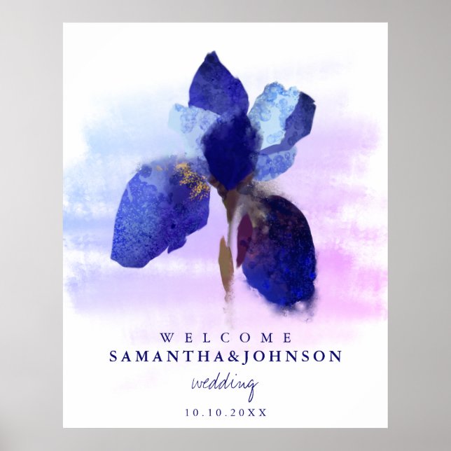 Chic Ombre Blue Iris Watercolor Blommigt Bröllop Poster (Framsidan)