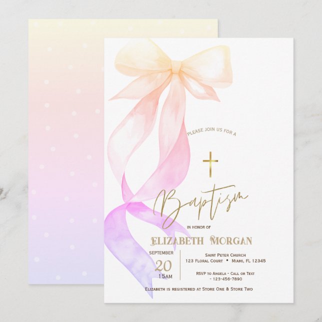 Chic Ombre Bow Gold Cross Baptism Inbjudningar (Fram/baksida)