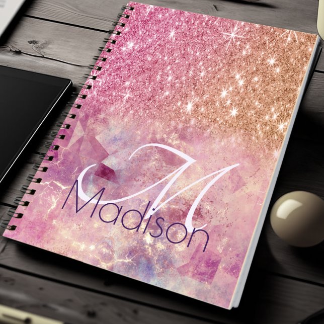 Chic ombre ro  rosa glitter monogram anteckningsbok (Skapare uppladdad)