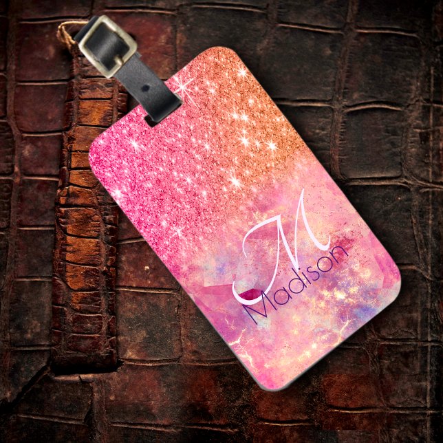 Chic ombre ro  rosa glitter monogram bagagebricka (Skapare uppladdad)