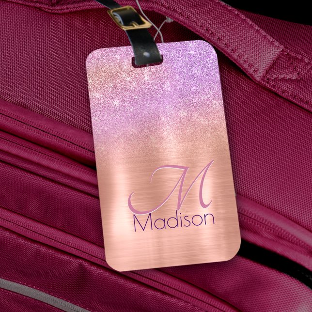Chic ombre rosa ros  glitter monogram bagagebricka (Skapare uppladdad)