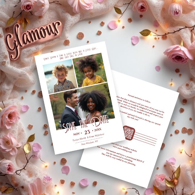 Chic Once Upon a Time 3-Photo Then & Now Wedding Spara Datumet (Chic Once Upon a Time Then and Now Wedding Save the Date with Back QR Code. )