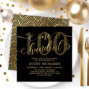 Chic One Hundred Script Svart Guld 100-årsdag Inbjudningar