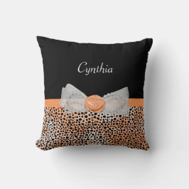 Chic Orange Cheetah Print Cute Ro Bow and Namn Kudde