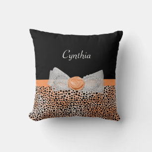 Chic Orange Cheetah Print Cute Ro Bow and Namn Kudde
