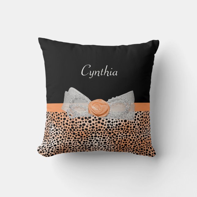 Chic Orange Cheetah Print Cute Ro Bow and Namn Kudde (Framsida)