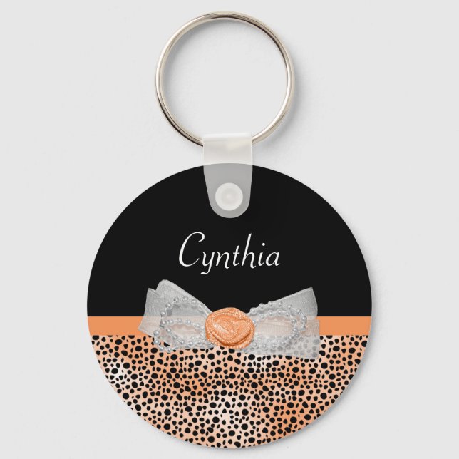 Chic Orange Cheetah Print Cute Ro Bow and Namn Nyckelring (Framsida)