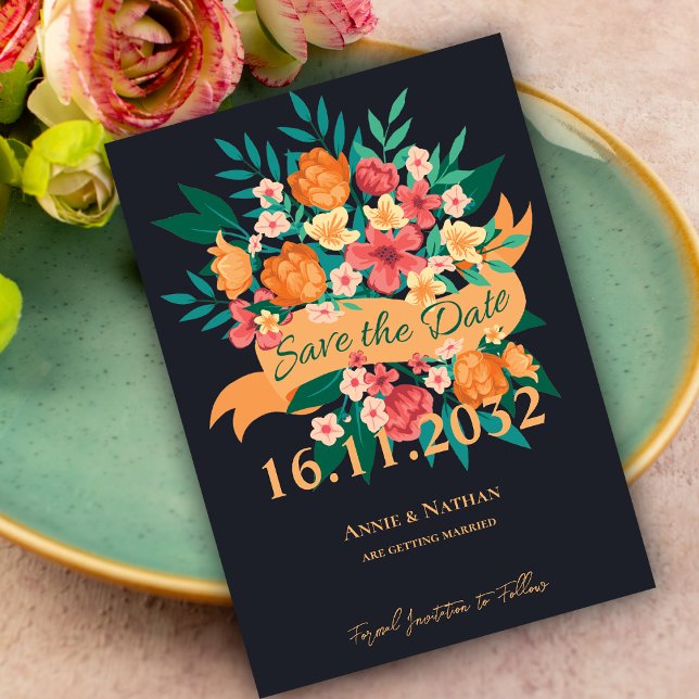 Chic Orange Gult Blommigt Bröllop spara datum Meddelande Vykort (Chic Orange Yellow Florals Wedding Save the Date Announcement Postcard)