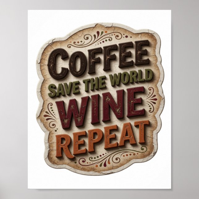Chic Orange KAFFE RÄDDA VÄRLDEN VIN UPPREPA Poster (Framsidan)