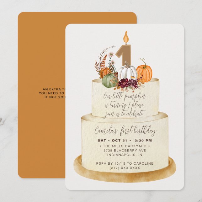 Chic Orange Little Pumpkin First Birthday Cake Inbjudningar (Fram/baksida)