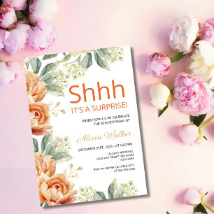 Chic Orange Peony Guld Löv Surprise Birthday Inbjudningar