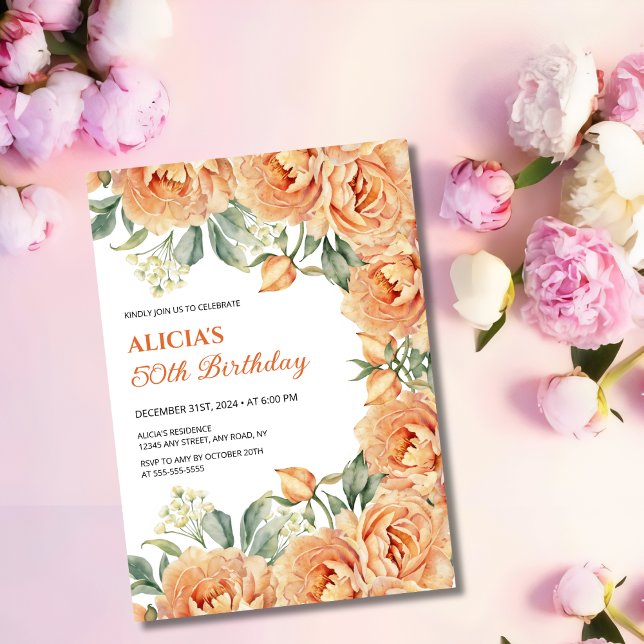 Chic Orange Peony Rustic Blommigt Greenery Birthda Inbjudningar (Skapare uppladdad)