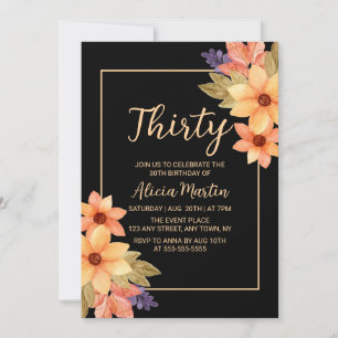 Chic Orange Red Fall Flora vid svart födelsedag Inbjudningar