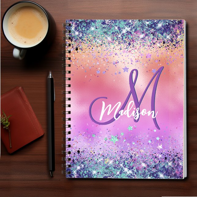 Chic orange rosa iridescent faux glitter monogram anteckningsbok (Skapare uppladdad)