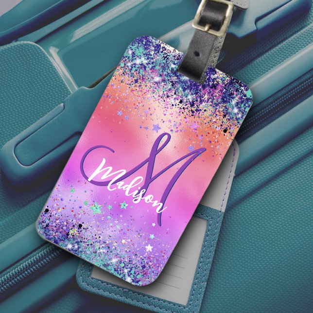 Chic orange rosa iridescent faux glitter monogram bagagebricka (Skapare uppladdad)