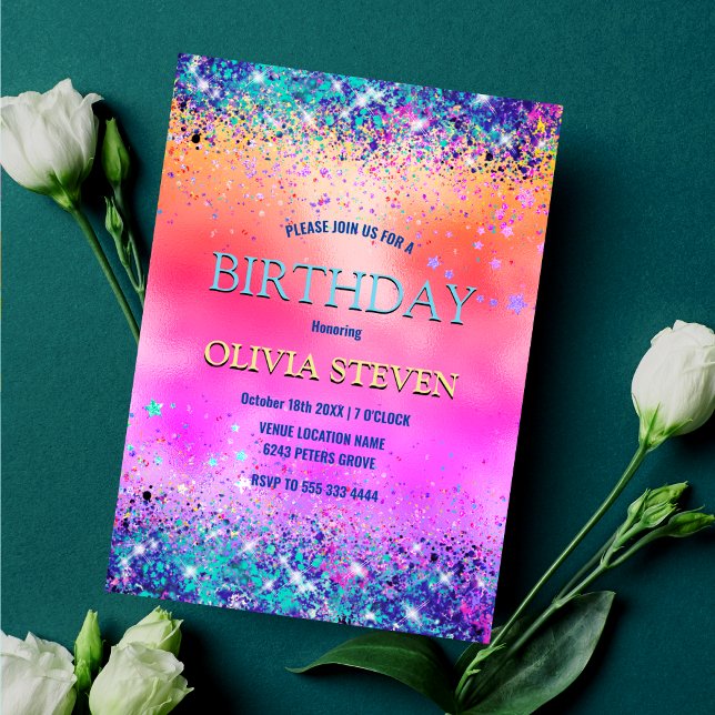 Chic orange rosa iridescent faux glitter monogram inbjudningar (Skapare uppladdad)