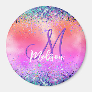 Chic orange rosa iridescent faux glitter monogram magnet