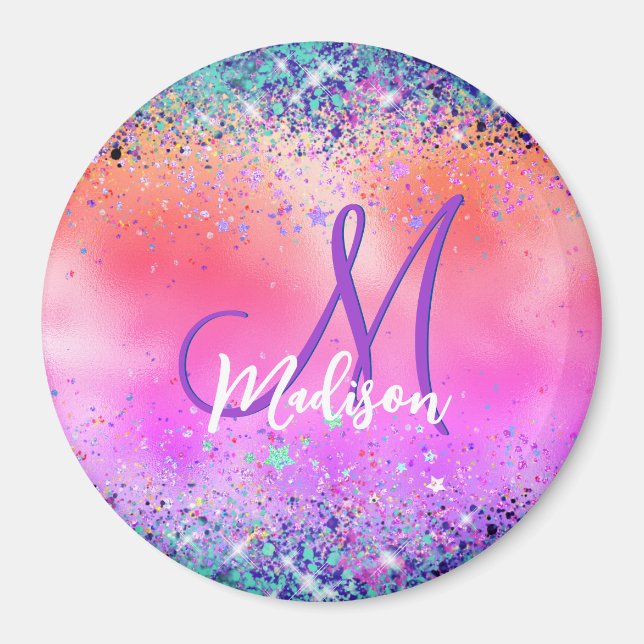 Chic orange rosa iridescent faux glitter monogram magnet (Framsidan)
