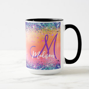 Chic orange rosa iridescent faux glitter monogram mugg