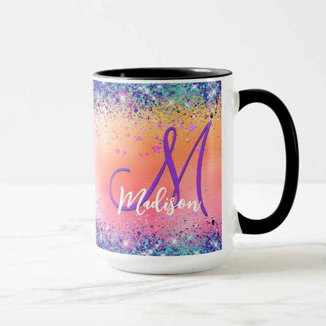 Chic orange rosa iridescent faux glitter monogram mugg (Höger)