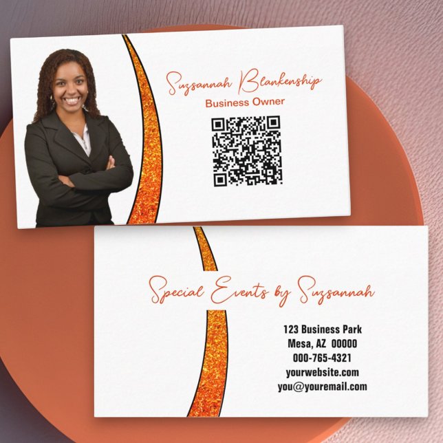 Chic Orange Segment Glitter Anpassningsbar Photo Q Visitkort (business card front and back with qr code)