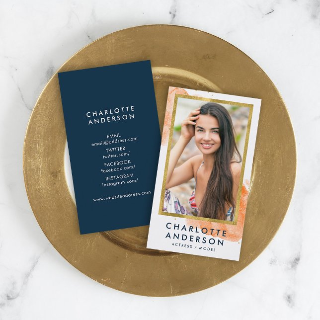 Chic Orange Vattenfärgsfoto Faux Guld Headshot Pho Visitkort (Skapare uppladdad)