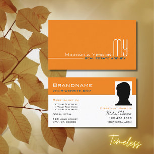 Chic Orange Vit enkel med Monogram och foto Visitkort