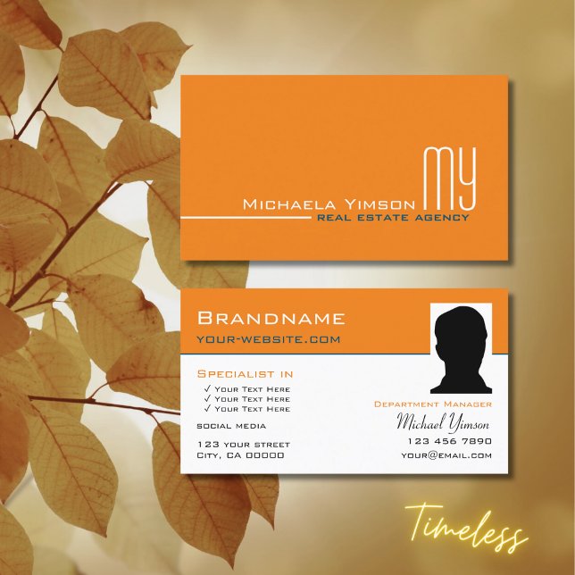 Chic Orange Vit enkel med Monogram och foto Visitkort (Skapare uppladdad)