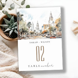 Chic Orlando Florida Skyline Watercolor Bröllop Bordsnummer