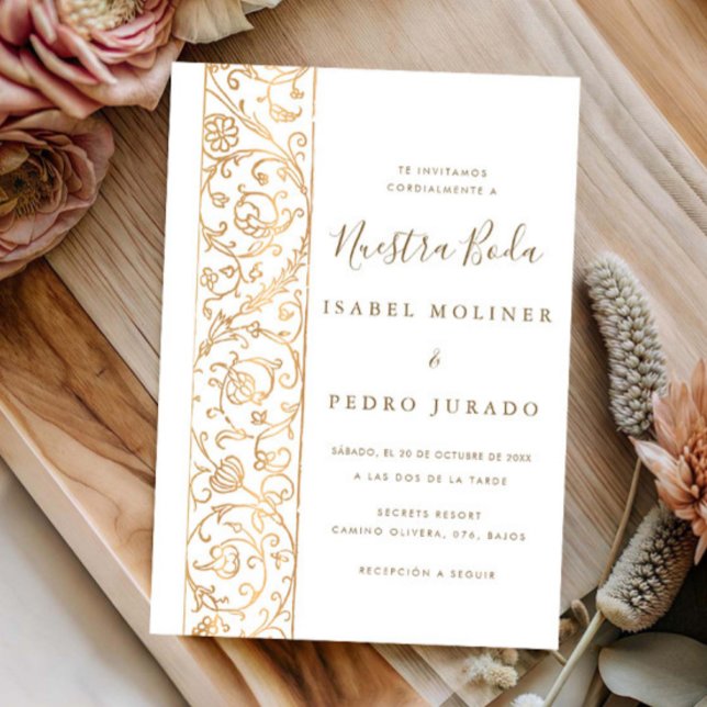 Chic Ornate Blommig Vit Guld Nuestra Boda Bröllop Inbjudningar (Skapare uppladdad)