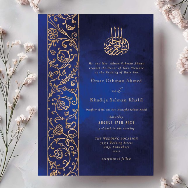 Chic Ornate Floral Gold & Blue Islamic Wedding Inbjudningar (Skapare uppladdad)